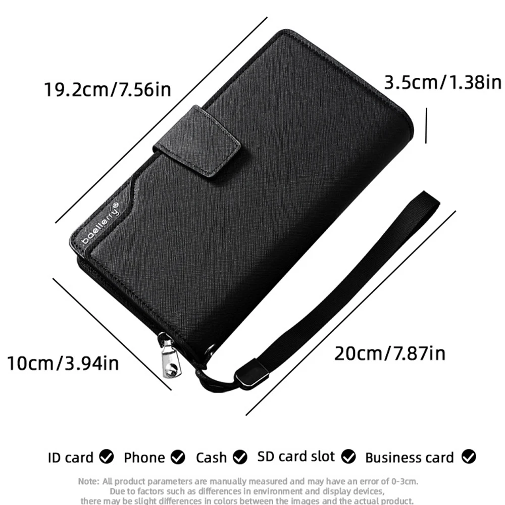 1Pcs/Baellerry Men's Long Zipper Wallet, Large Capacity Multi-Compartment Storage Clutch with Wrist Strap, Id Card Holder, Can Hold Mobile Phone, Cash, Receipts, Sd Card