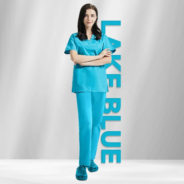 High Quality V-neck Scrub Tops Beauty Salon Nursing Elastic Waist Pants Unisex Breathable Surgery Uniform Medical Accessories Lake Blue