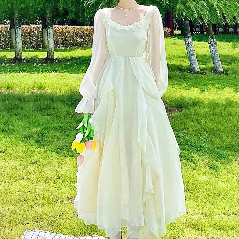 Women Sweet Square Collar Birthday Dress 2023 Vintage Puff Sleeve Long Party Dress Mesh Patchwork Chiffon French Vestidos S-2XL