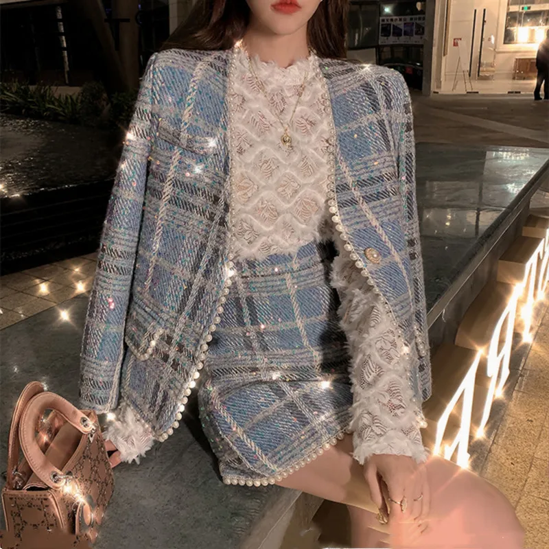 Women Tweed Suit Female 2022 Autumn Winter New Casual High Street Noblewoman Clothes Sequin Plaid  Skirt Sets Office Lady Wear