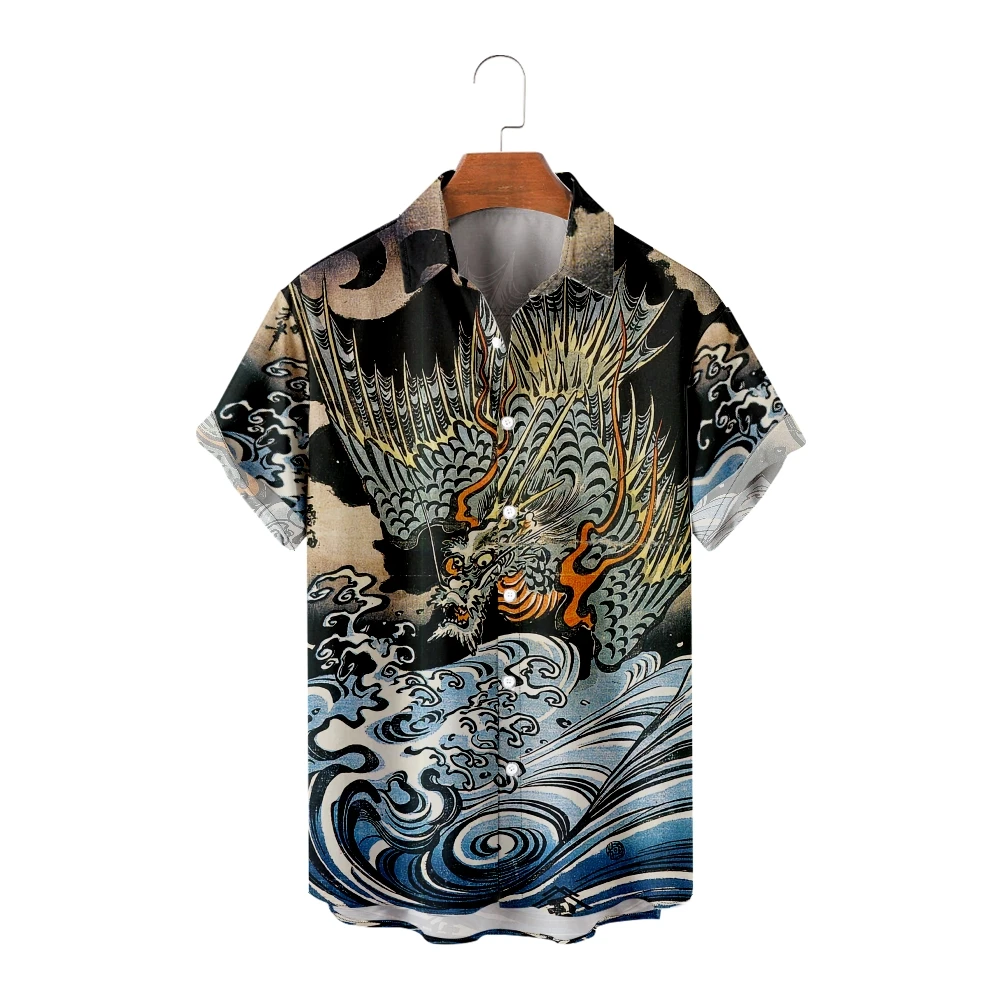 

Hawaiian Shirts for Men Vacation Japanese Style Dragon Shirts Short Sleeve Summer Beach Vacation Tops Breathable