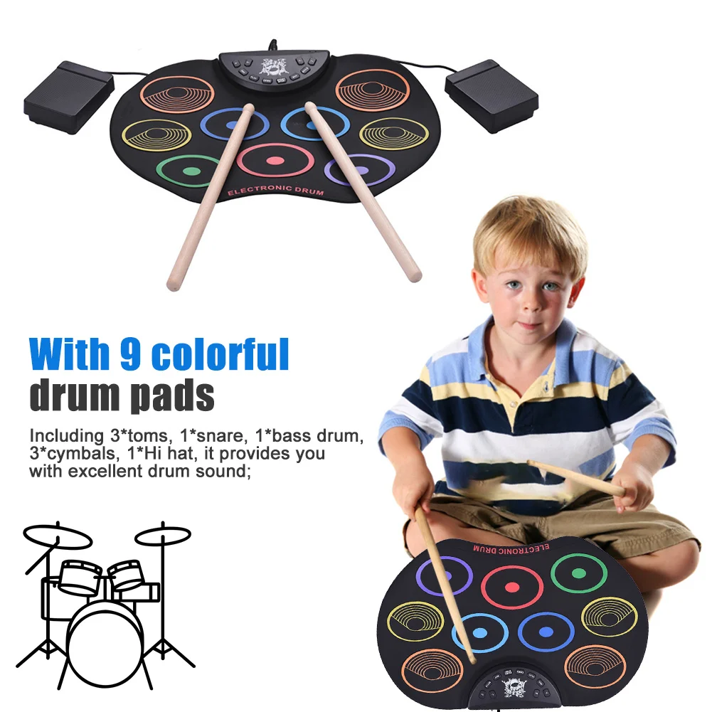 Digital Electronic Drum Set USB Roll-Up Silicon Drums Pad Compact Size Foldable Electric Drum Kits Drumsticks Foot Pedals