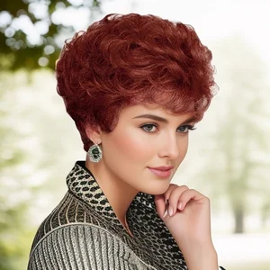 Red Hair Wigs Curly Short Synthetic Fiber Natural Wig with Bang Female Casual Hair Red Brown Auburn Mommy Wig Layered Curls Lady