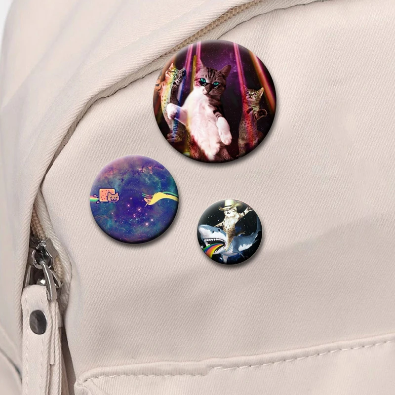 Cute Funny Rainbow Alien Cat Button Pins Backpack Clothing Decor Brooch Cartoon Science Fiction Badge Jewelry Gifts for Kids