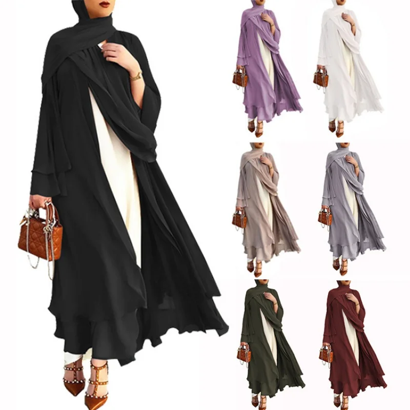 

New Fashion Hot Selling Plus Size Women's Chiffon Long Sleeve Southeast Asian Muslim Dubai Elegant Cardigan Dress Head Smart