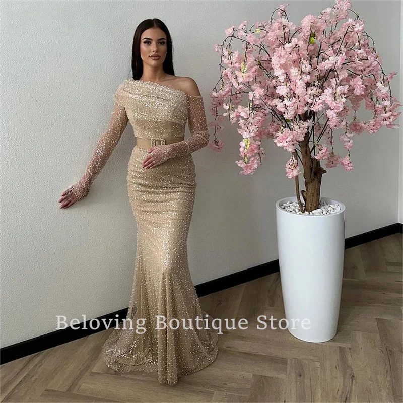 

Dubai Champagne Glitter Mermaid Evening Dresses One Shoulder Long Sleeves Bodycon Prom Dress Belt Sparkly Pageant Party Gowns