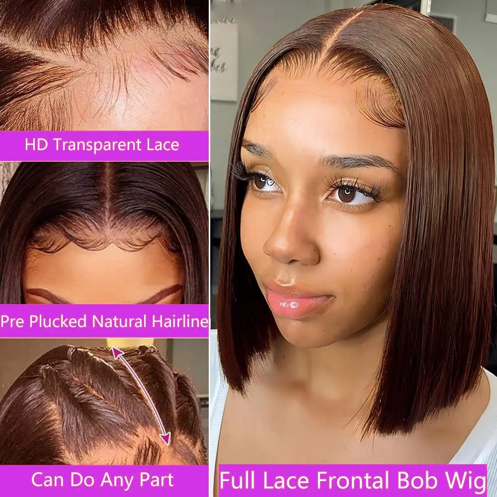 Brown Bob Wigs 13x4 Lace Frontal Wigs Chocolate Color Brazilian Lace Frontal Human Hair Wig Pre Plucked Straight Bob Wigs 16Inch