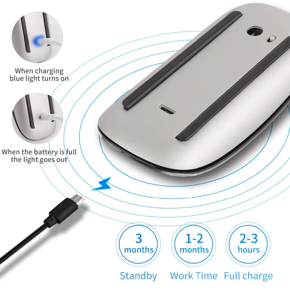 Mouse Silencioso Recarregável sem Fio Multi Arc Touch Mice Ultra-fino Magic Mouse para Laptop Ipad Mac pc Macbook Bluetooth 4.0 - Imagem 2