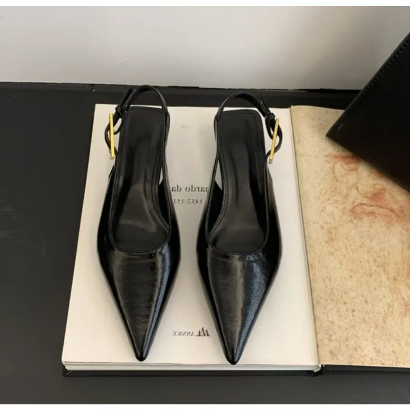 Sexy Pointed Toe Mid Heels Sandals Women Shoes Slingback Summer Trend Dress Leather Pumps New Elegant Party Sandalias Mujer