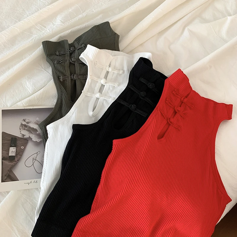 ITOOLIN Elegant Women Chinese Button Tank Tops With Bra Pad O-Neck Sleeveless Tank Tops For Women Sexy Crop Tops All-Match 2024