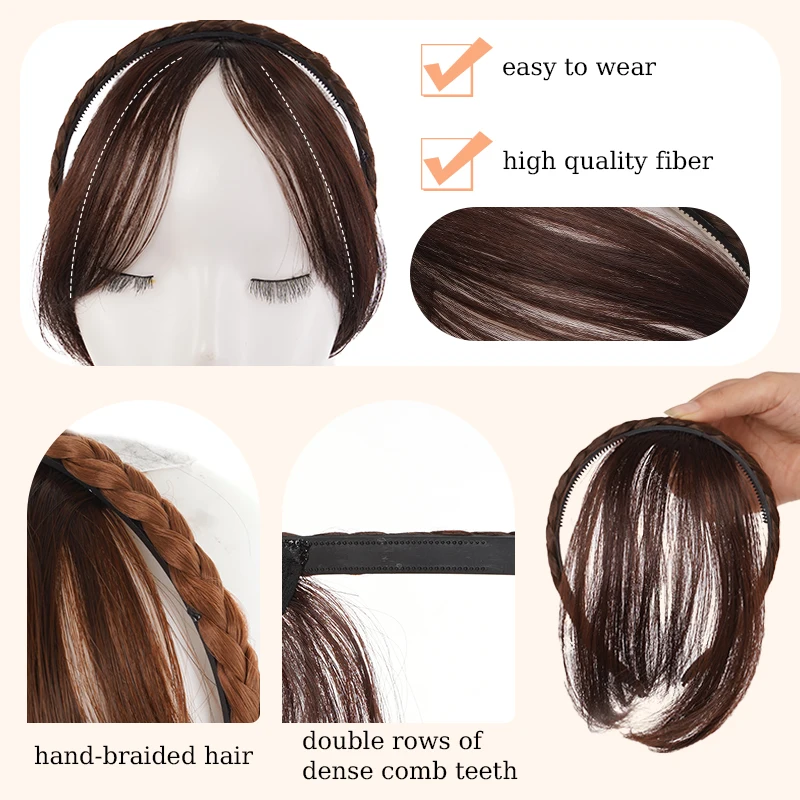 Synthetic Braided Headband with Hair Bangs Wig Brown Side-swept bangs with Handmade Braided Hairband Hairpiece for Women Use