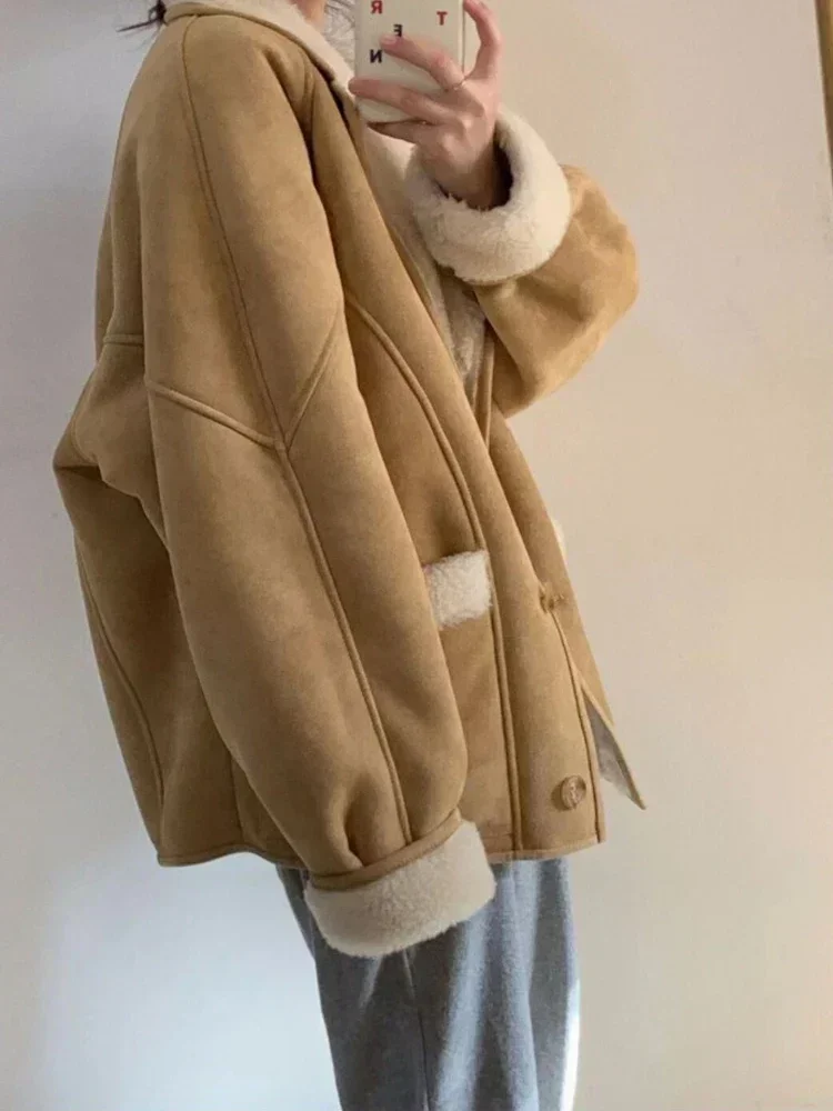 Fashion Lamb Wool Leather Jacket for Women Elegant Lapel Thicken Warm Overcoat New Chic Suede Short Coat Lambskin Outwear
