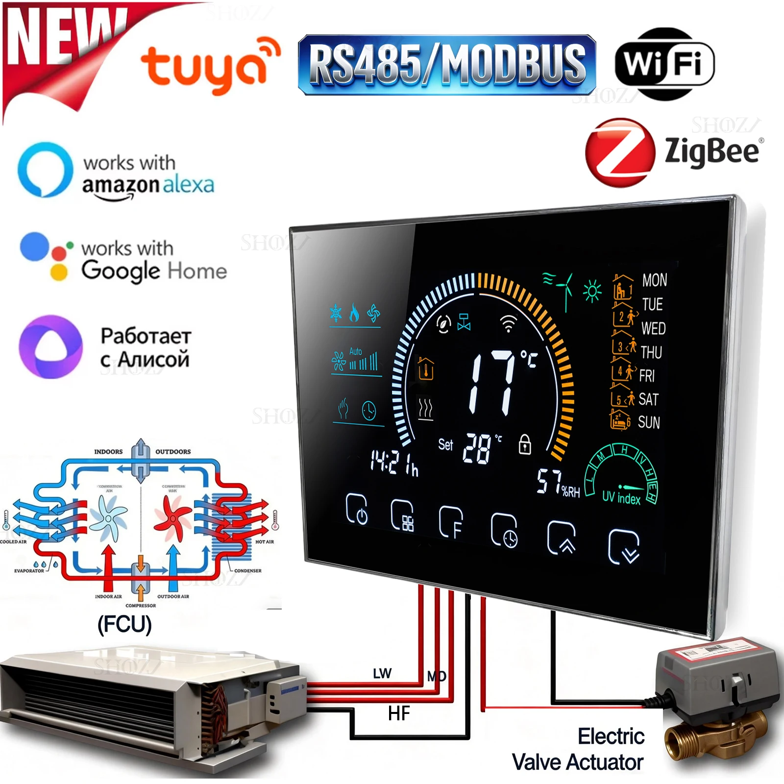 เทอร์โมสแตท WiFi/RS485/Zigbee สำหรับแอร์และฟานคอยล์ยูนิต 3 เครื่อง ควบคุมอุณหภูมิในบ้านระบบท่อ 2/4 สำหรับทำความเย็น/ร้อน ใช้งานร่วมกับ Alexa, Google Home และ Yandex Alice 1