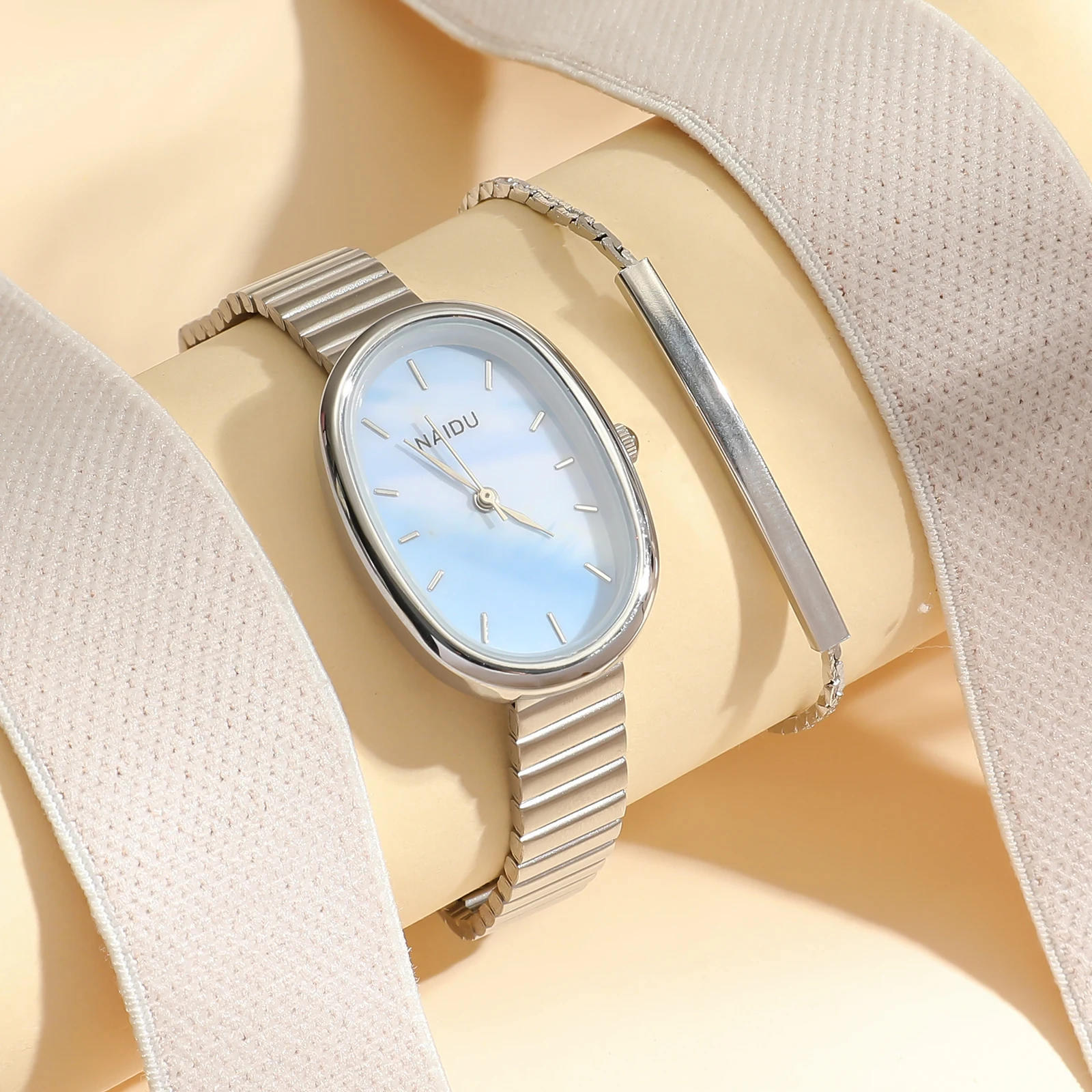 Light luxury fashion bar scale oval dial bamboo style steel strip quartz watch+one letter compact bracelet set 6
