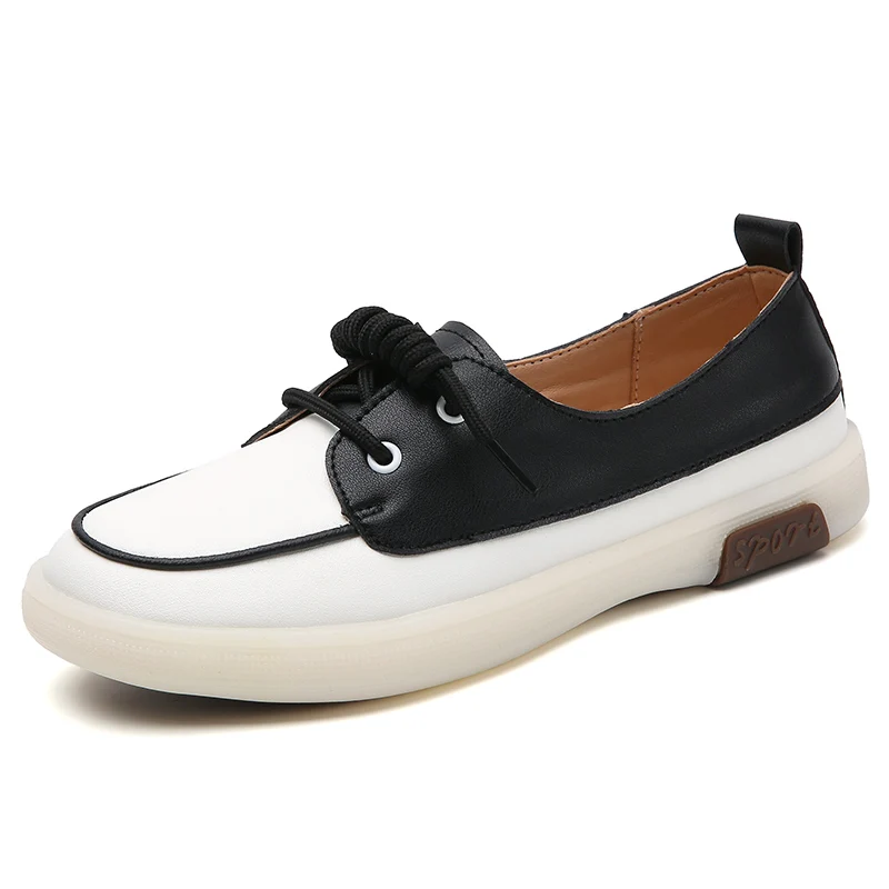 Genuine Leather Female Single Shoes Lace-up Flat Bottom Casual Korean Version of The Student Soft Bottom Board Shoes