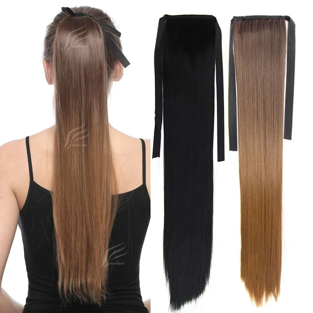 

Jeedou Straight Hair Rainbow Ombre Color 22inch 55cm Ribbon Ponytail Extensions Synthetic Black Pink Natural Ponytails