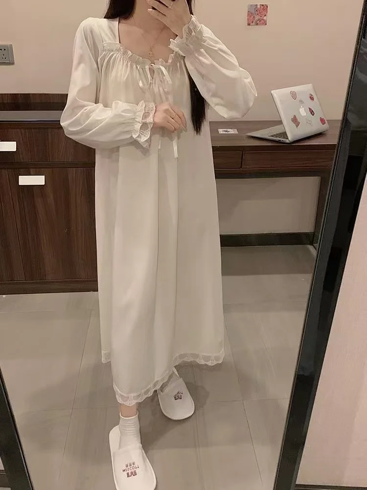 Women Nightgowns Long Sleeve Night Dress Large Size Loose White Sleep Shirts Pajamas