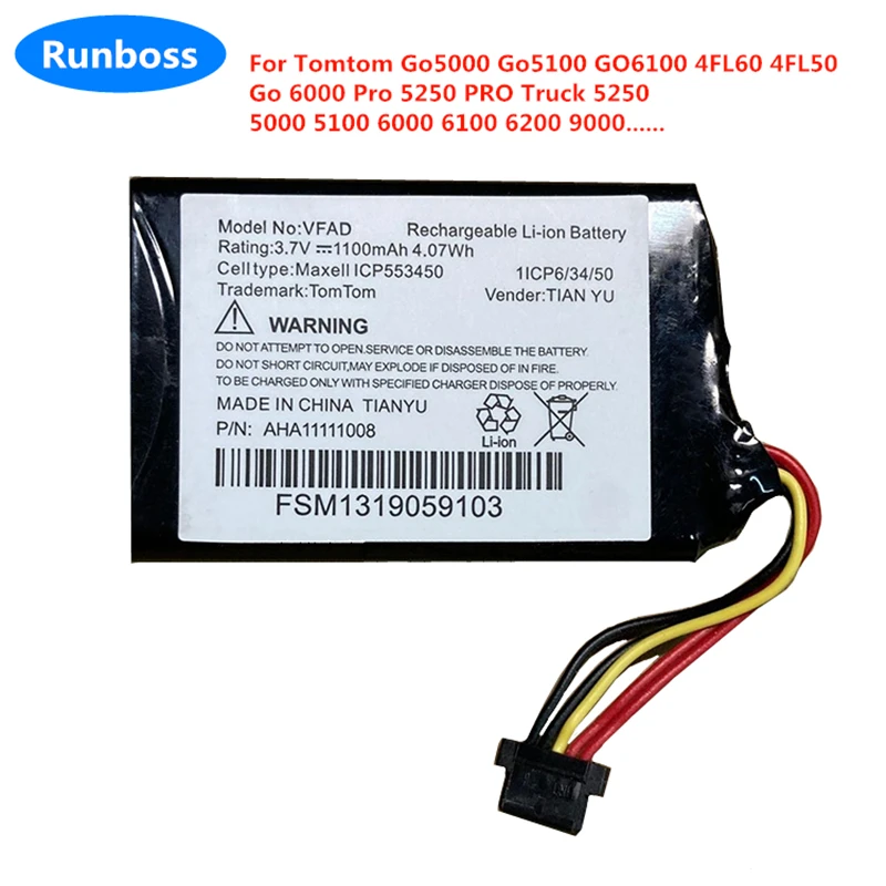 Batteria Muslimex Vfad 1100Mah Per Tomtom Go5000 Go5100 Go6100 4 Fl60 4 Fl50 Go 5000 6000 Pro 5250 Pro 6100 6200 9000 Camion 5250