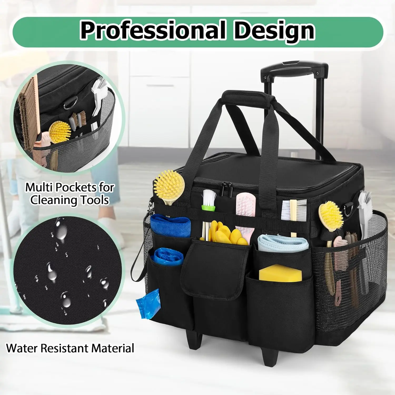 LoDrid Rolling Cleaning Caddy with Lid, Cleaning Supplies Organizer with Detachable Trolley, Cleaning Caddy Cart on Wheels with 2