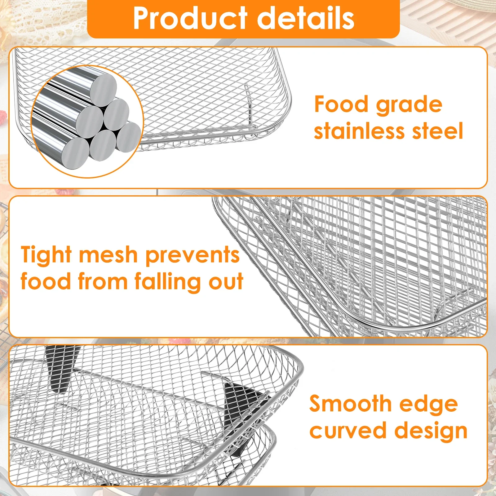 3Layer Air Fryer Rack Square Air Fryer Grill Rack Stainless Steel Grill Dehydrator Stackable Basket with 8