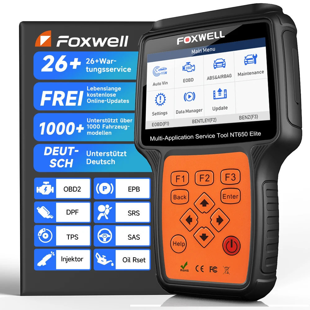 Scanner Automotivo OBD2 Profissional FOXWELL NT650 Elite com Funções de Redefinição SAS, A/F, Óleo, EPB, BRT, TPS e 26+ Funções de Reset para Diagnóstico de Carros