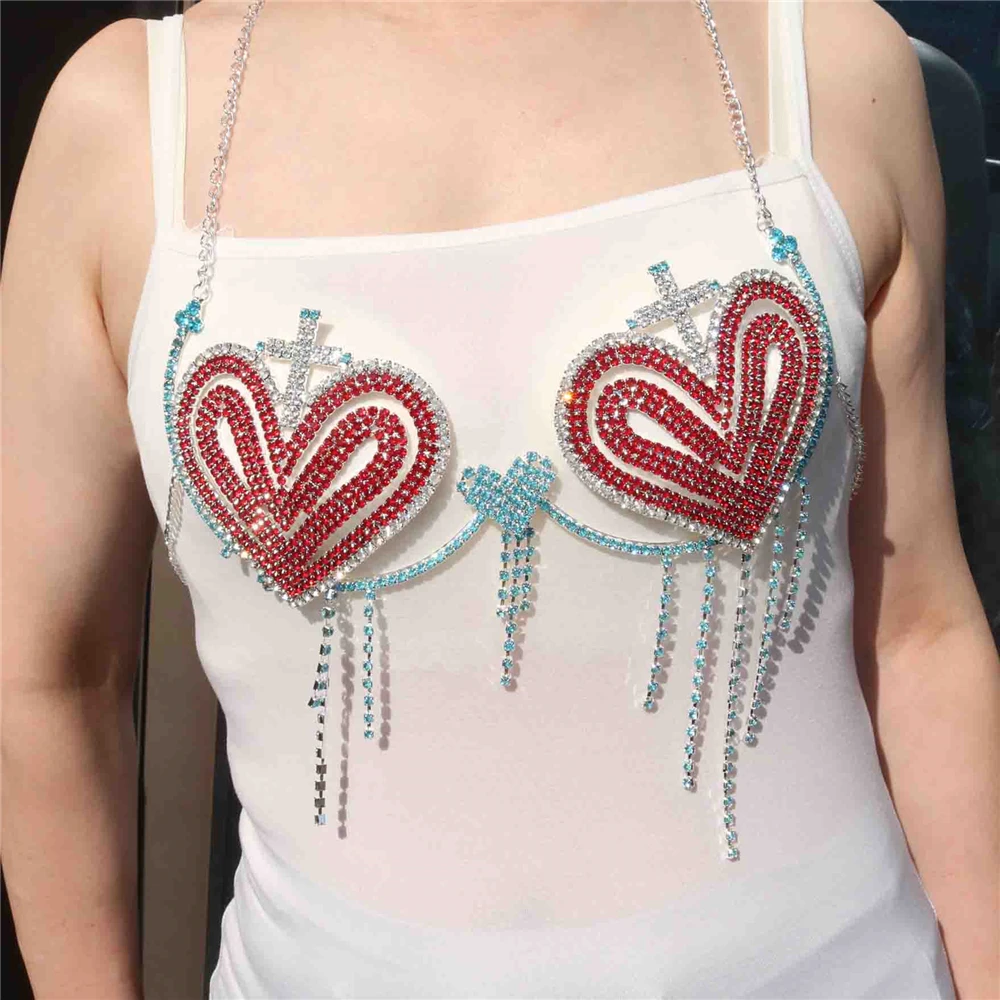 Bling Rhinestone Love Heart Chest Chain Harness Bra Necklace For