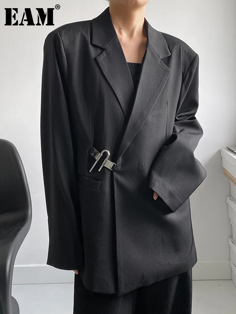 

[EAM] Women Black Irregular Buckle Big Size Blazer New Lapel Long Sleeve Loose Fit Jacket Fashion Spring Autumn 2023 1DH1142