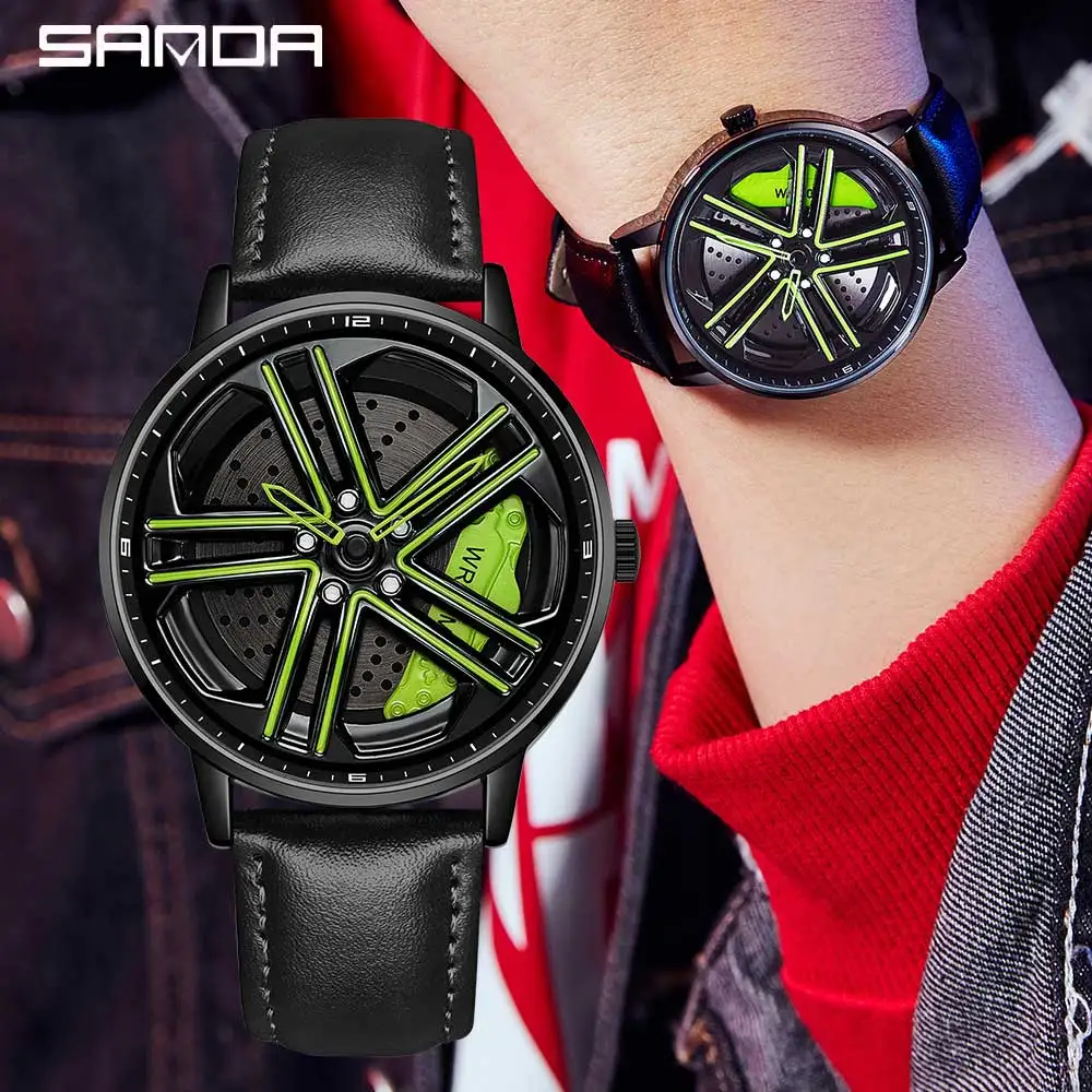 

Mens Watches Luxury 360 Rotating Dial Car Wheel Rim Leather Casual Quartz Watch Sport Waterproof Wristwatch Relogio Masculino