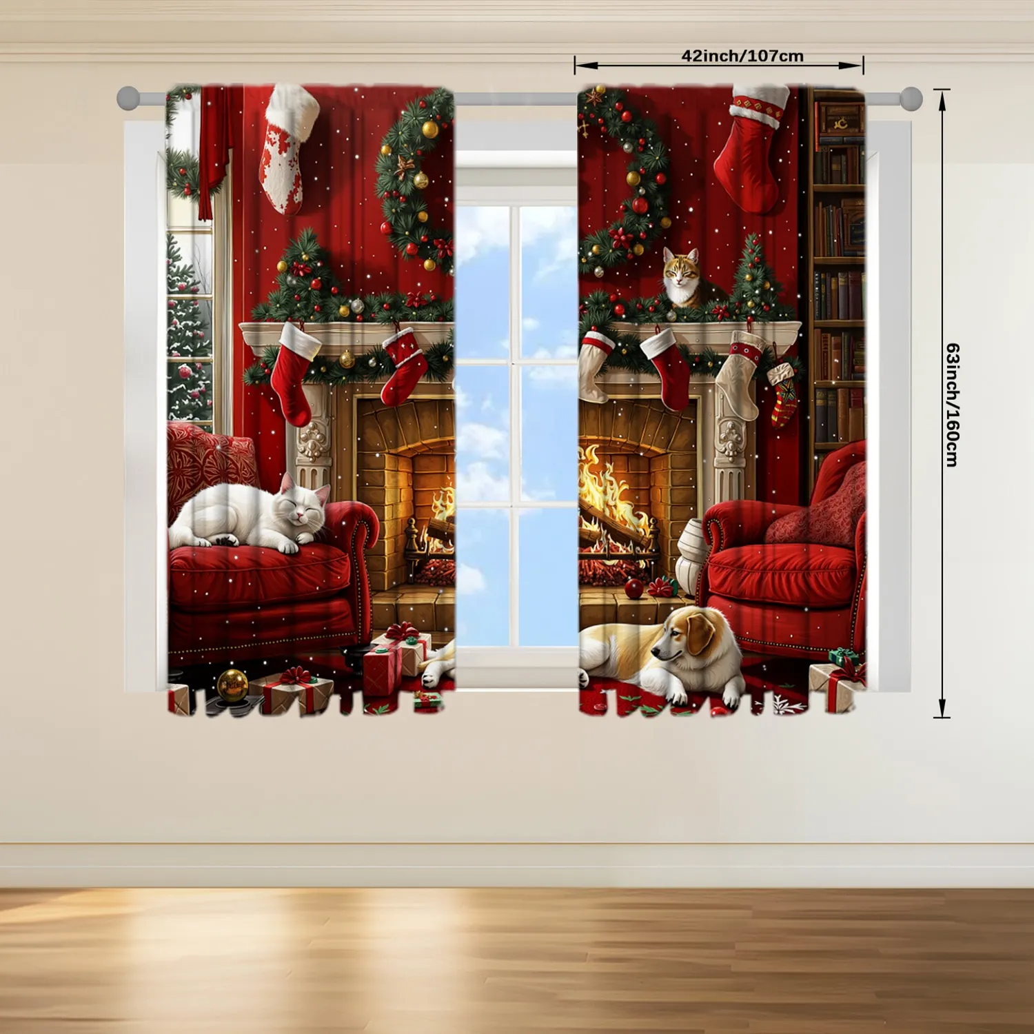 Description Picture 6 of item2pcs Christmas Fireplace Printed Curtain for Christmas Home Decor - Rod Pocket Window Treatment for Bedroom, Office, Kitchen