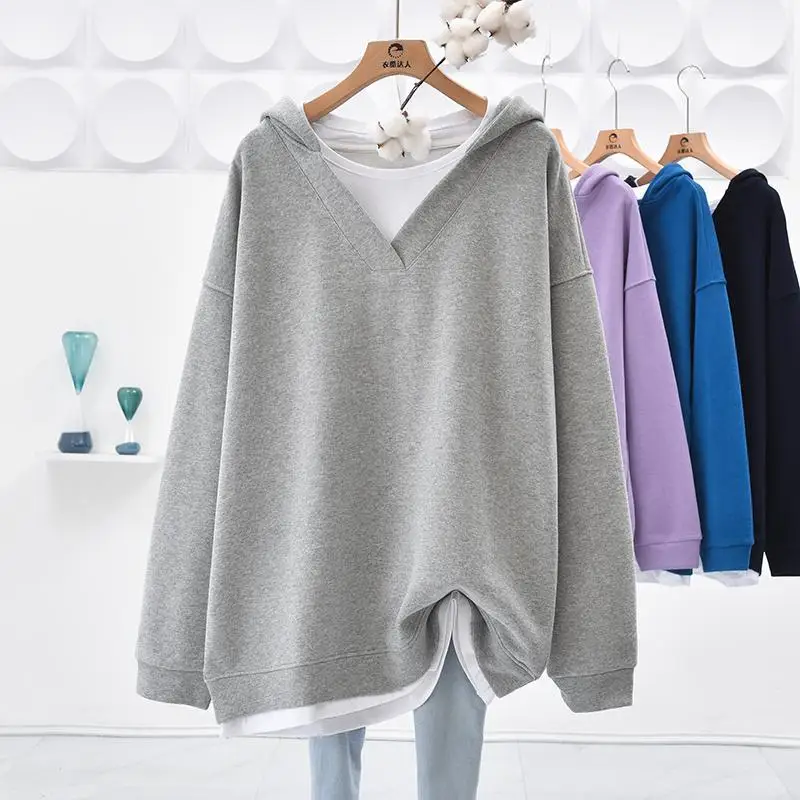 Spring Autumn New Women\'s Simplicity Extra-large Size V-Neck Fake Two Pieces Fashion Casual Loose Long Sleeve Hooded Tops