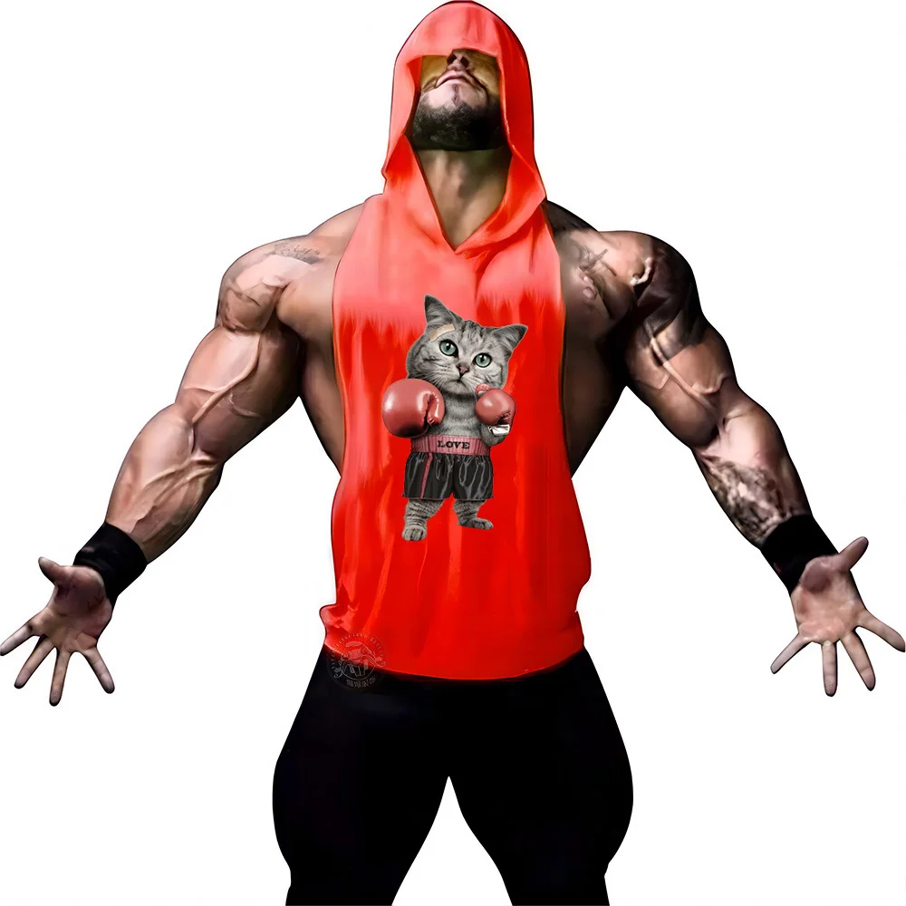Description Picture 4 of itemMen's hooded vest Breathable solid color print boxing cat fashion fast dry sports fitness casual fashion sleeveless multi-color