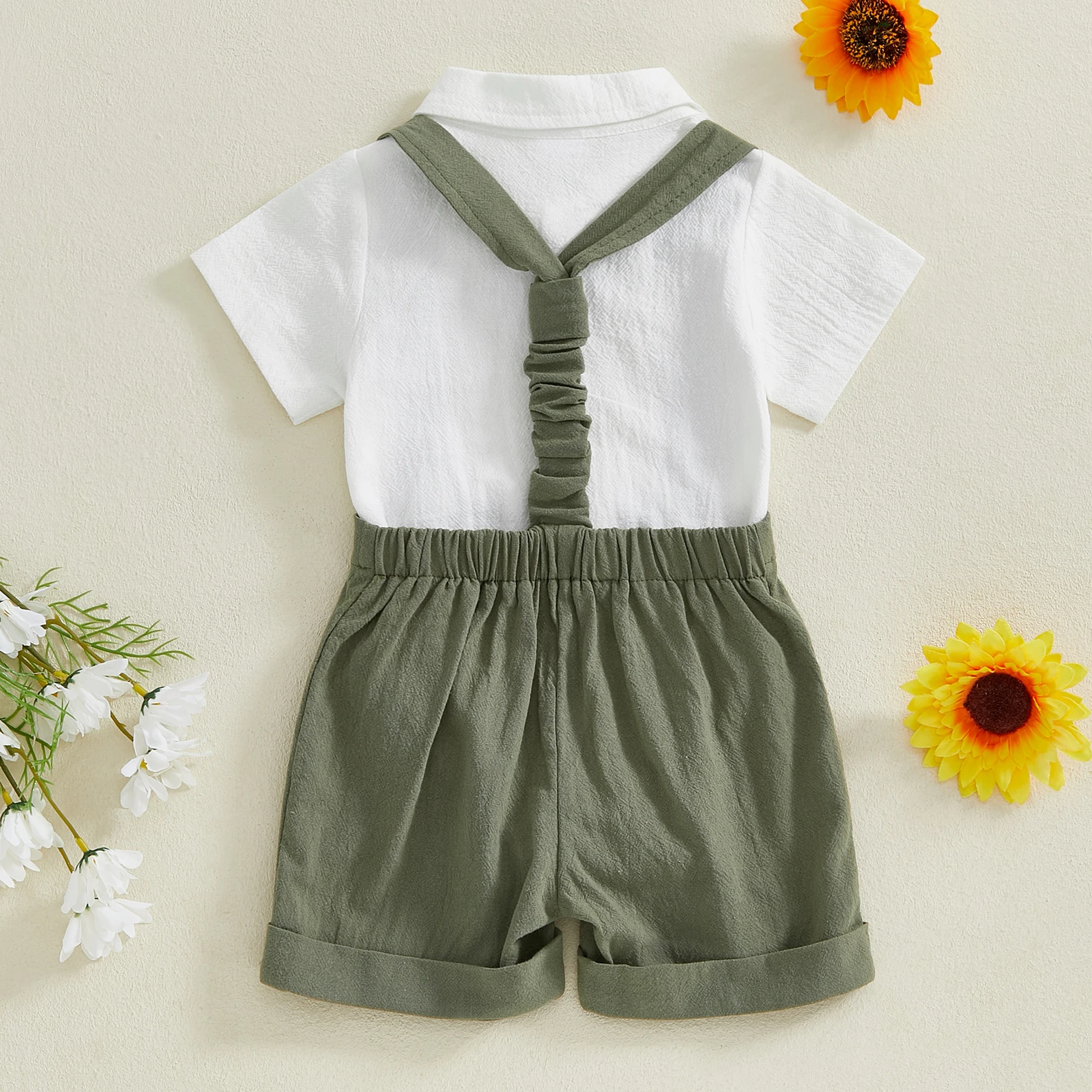 BeQeuewll 2PCS Summer Baby Gentleman Clothes for Boys Short Sleeve Lapel Neck Romper with Suspender Shorts Bowtie Newborn Suits 3