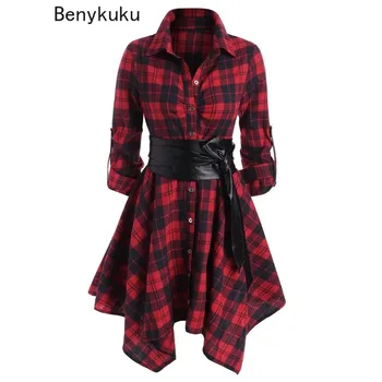 Home Women Red Plaid Belted Roll Tab Sleeve Handkerchief Dress Grunge Gothic Casual Dresses Vestidos Button Up Long Sleeve Streetwear 1