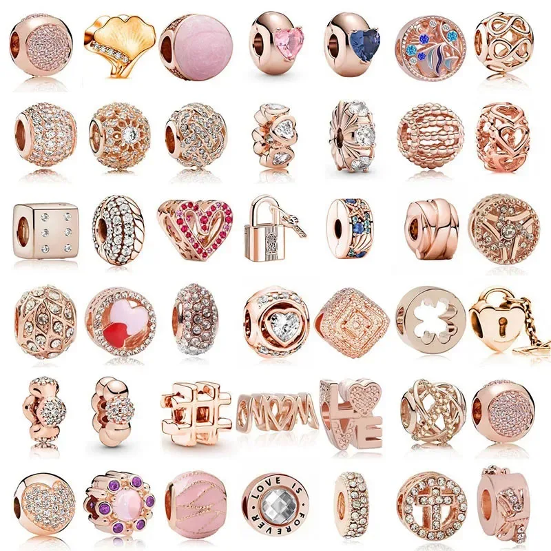 New Fashion Rose Gold Color Heart Ginkgo Openwork Round Crystal Beads Per Original Pandora Ladies Charm Bracciale Jewelry Gift