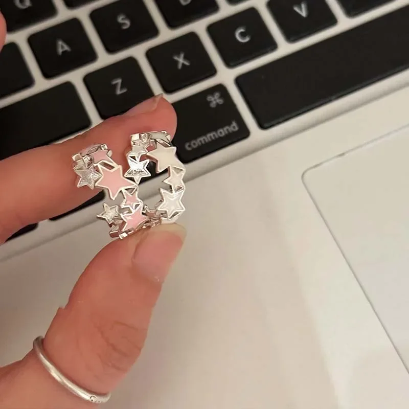 2024 New Fashion Colorful Enamel Pink Star Rings for Women Girls Cool Sweet Y2K Blue Twisted Star Open Ring Party Gifts Jewelry