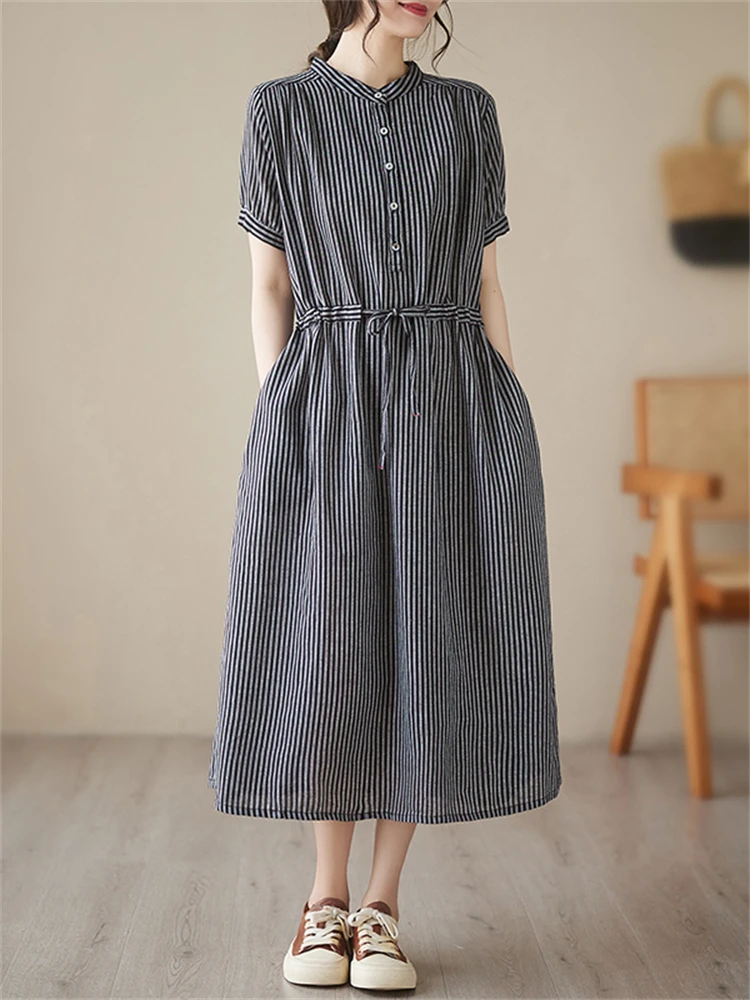 Cotton Vintage Striped Dresses Women 2025 New Summer Casual Loose Short Sleeve Dress Femme Robe Vestidos Elegant Fashion Clothes