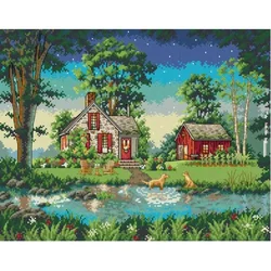 Scenic Country Villa Cross Stitch Kit with Printed Canvas & Embroidery Accessories - 14CT White cloth