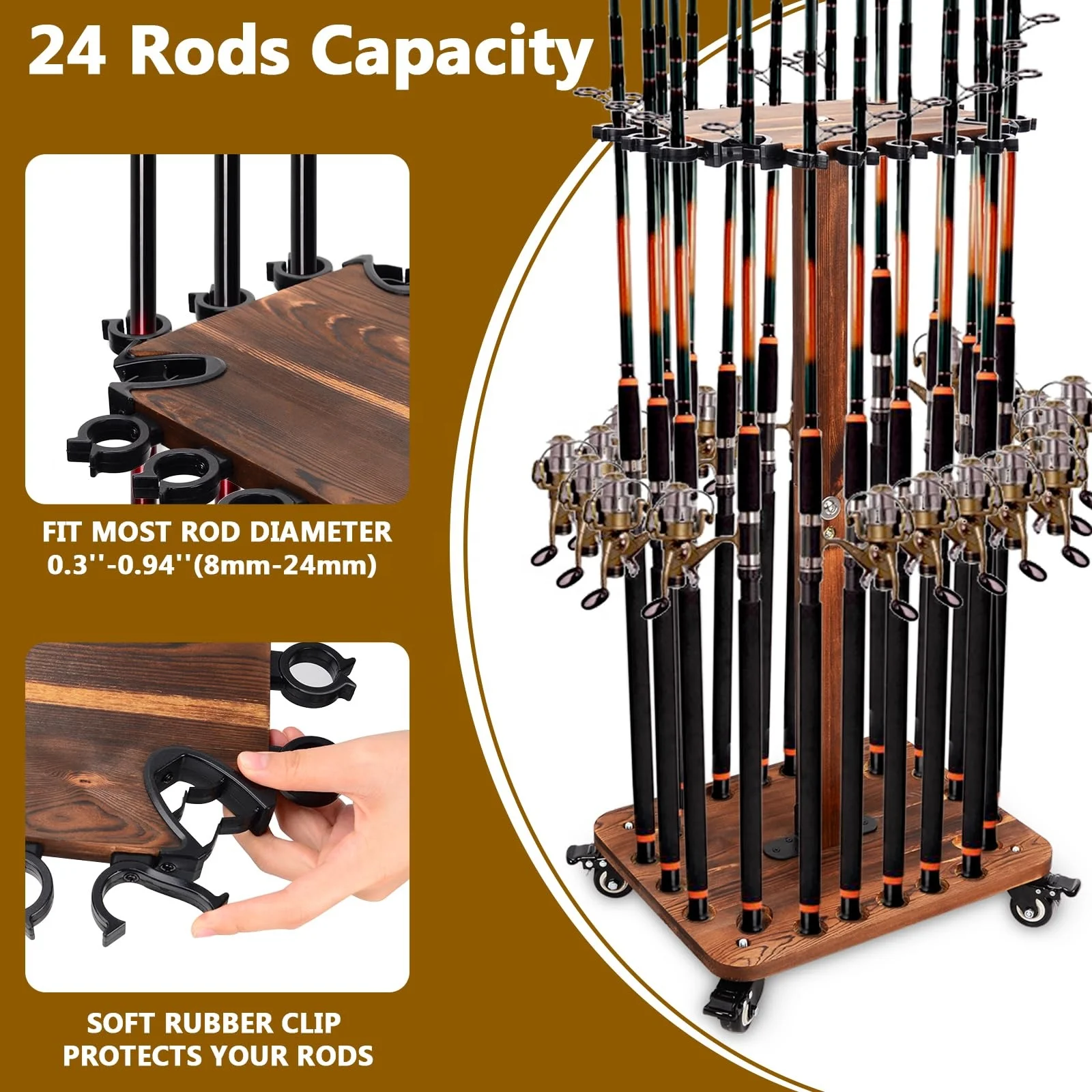 Hikeen Fishing Rod Holders for 360 Degree, Floor Stand Holds up to 24 Rods, Wooden Fishing Rod Racks with Rolling Wheels