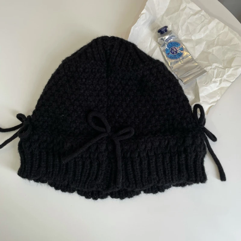 Ins Bow Decoration Cute Women's Hats Autumn and Winter Korean Version Casual Versatile Solid Color Warm Knitted Bucket Caps knitted hat bucket hats denim bucket hats