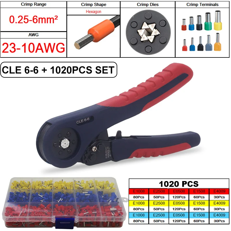 2022 New! Tubular Bootlace Terminals VE&TE Crimping Pliers & Terminal Set Min 0.08mm Hand Tools Electrician Crimper HSC8 6-6 10S 6 point wrench set Tool Sets