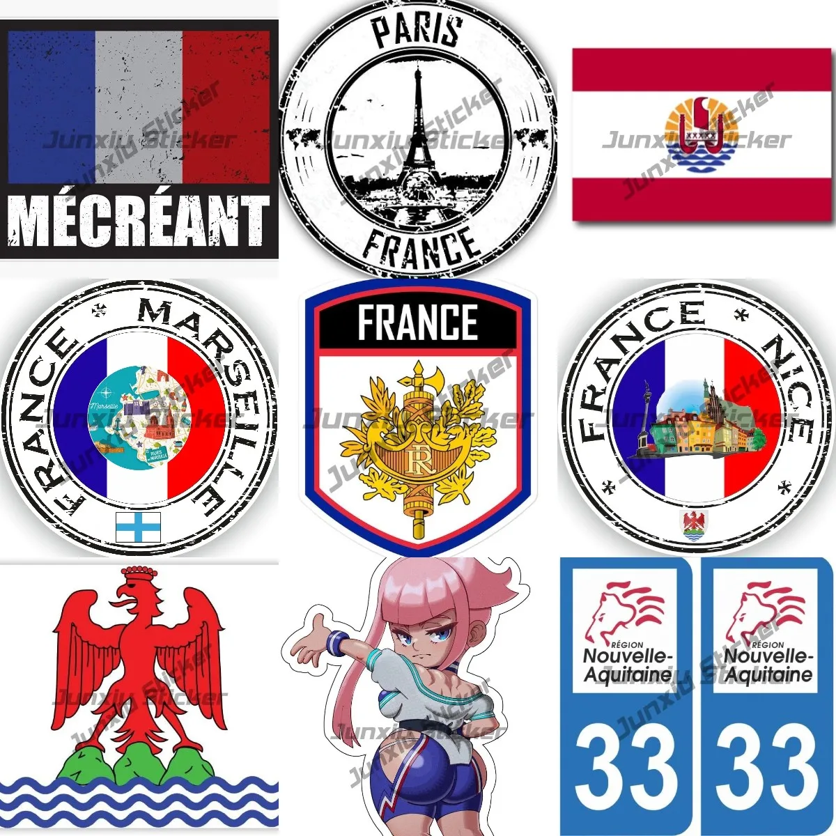 

France Coat of Arms Flag Emblem Vinyl Stickers France Nice Marseille Seal Round Flag Sticker FR Country Code Decal Souvenir