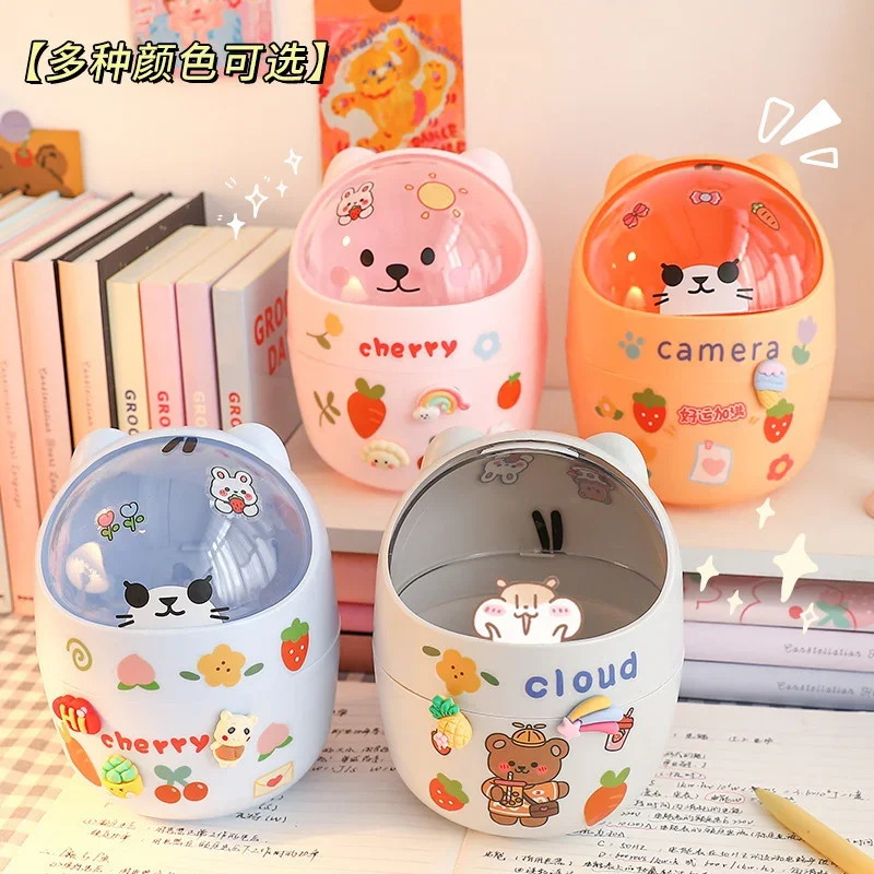 Ins 데스크탑 정리함 뚜껑이 달린 귀여운 곰 쓰레기통 보관함, 여아용 펜꽂이 보관 양동이, 플립 탑