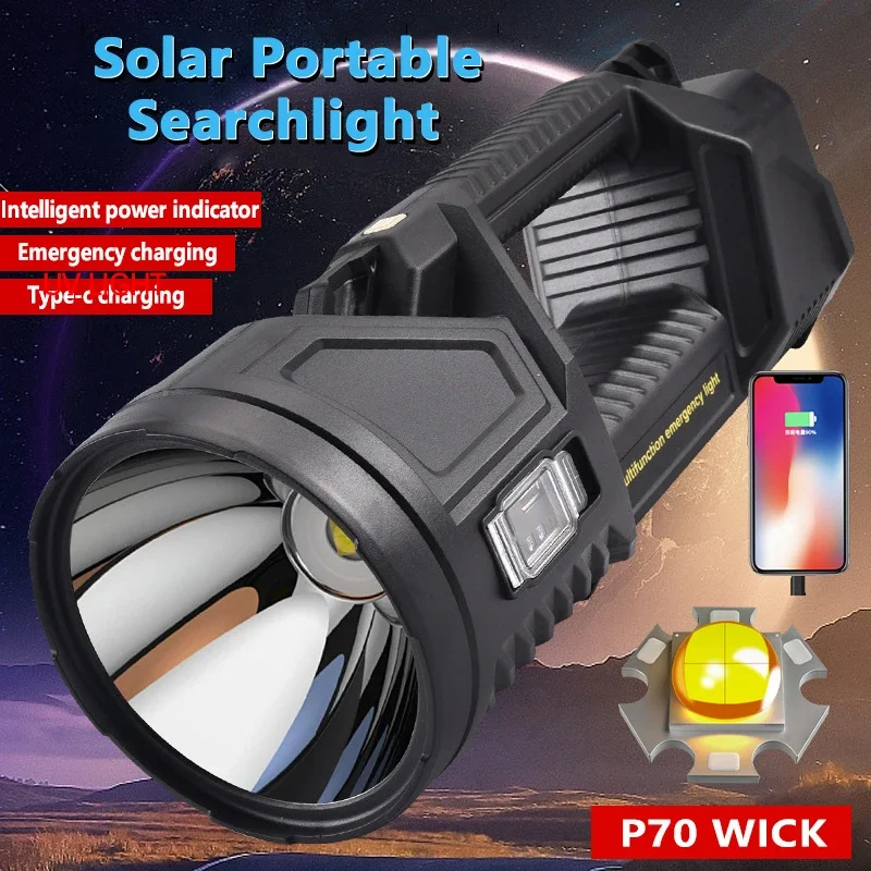 

Most Powerful XHP70 LED Searchlight Solar Work Light Outdoor Multifunctional LED Flashlight USB Rechargeable Camping Lantern