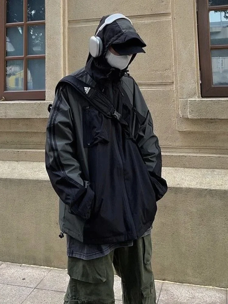 HOUZHOU Vintage Black Hooded Jackets Women Y2k Oversize Windbreaker Japanese Style Techwear Harajuku Street Zipper Track Jackets