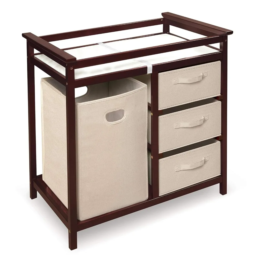 Modern Baby Changing Table with Laundry Hamper, 3 Storage Drawers and Pad, Diaper Change Station-Cherry/Ecru