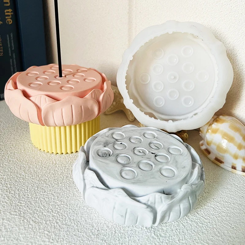 DIY 시멘트 연꽃 향 버너 몰드, 송진 연꽃 그릇 보관함, 양초 거치대 콘크리트 실리콘 몰드 양초 베셀 몰드