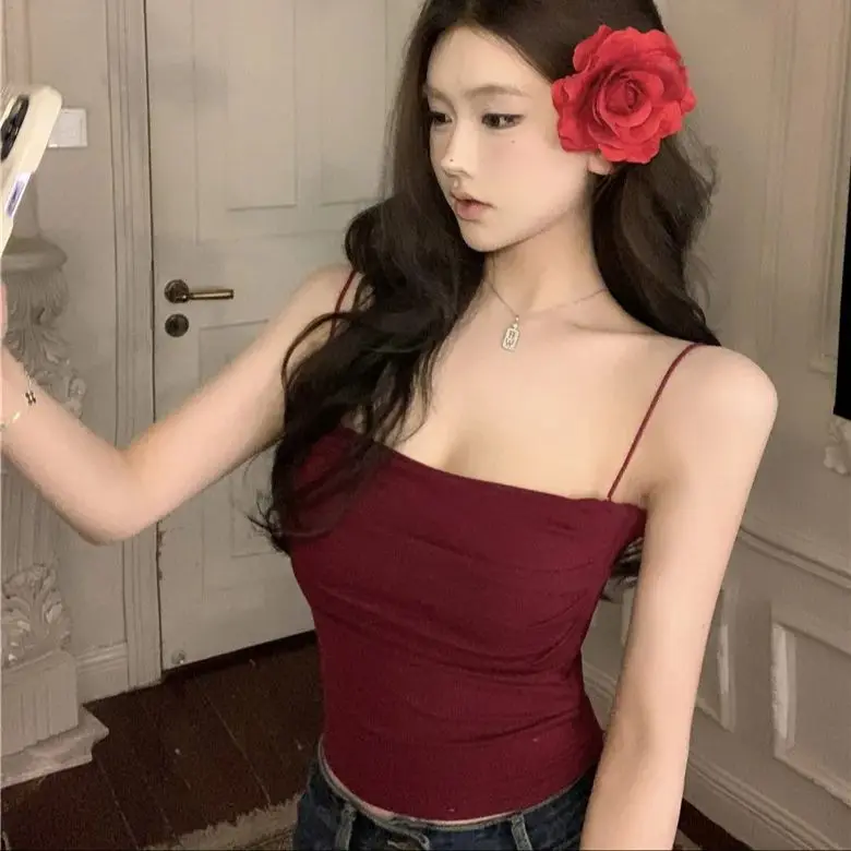 

Красный маленький пояс на подтяжках с накладками для груди для женщин, летний сексуальный жилет без рукавов, популярный узкий короткий топ для девушек, одежда для улицы
