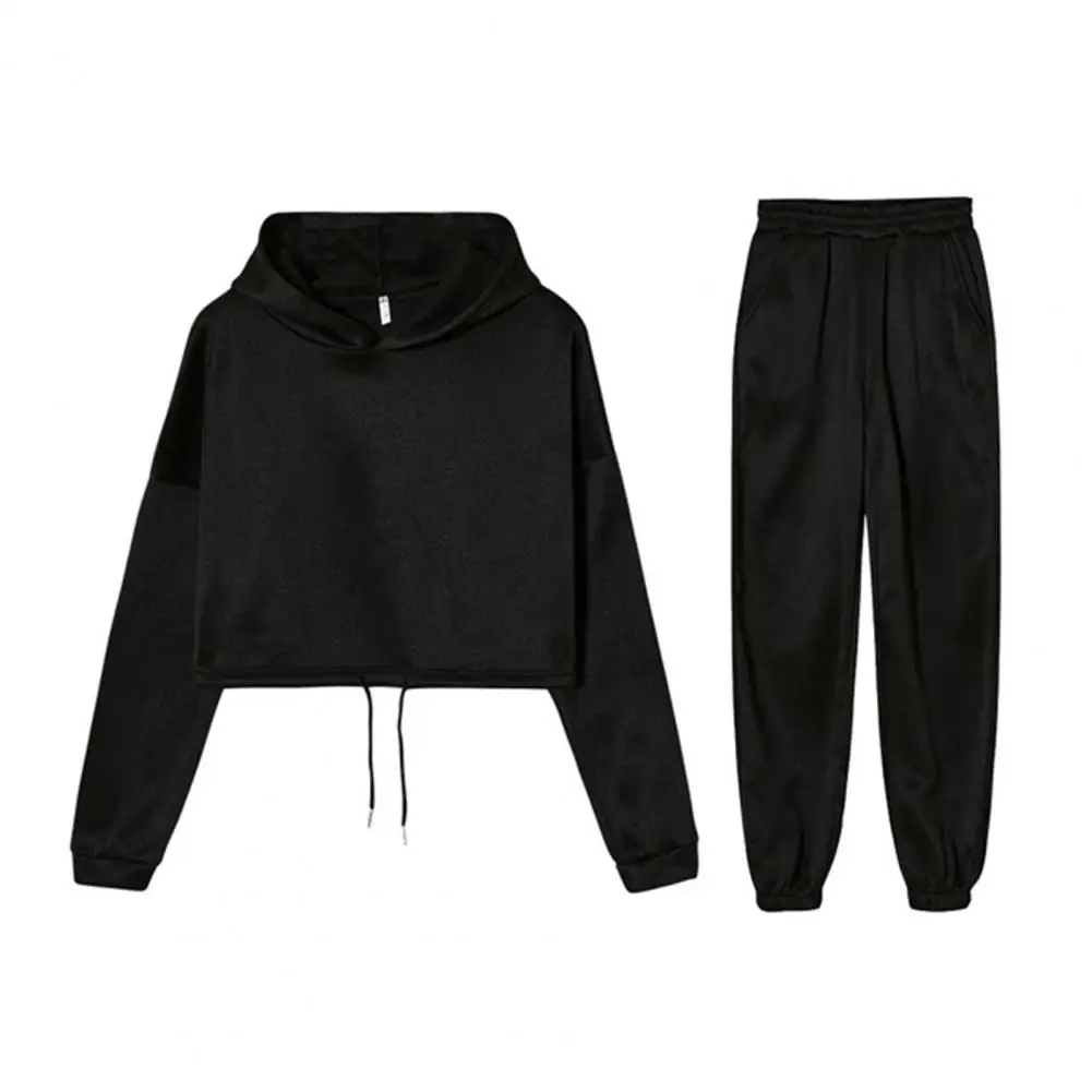 

Cropped Hoodie Trousers Set Stylish Women's Sports Tracksuit Set Hooded Sweatshirt Cropped Top Jogger Pants in Solid for Active