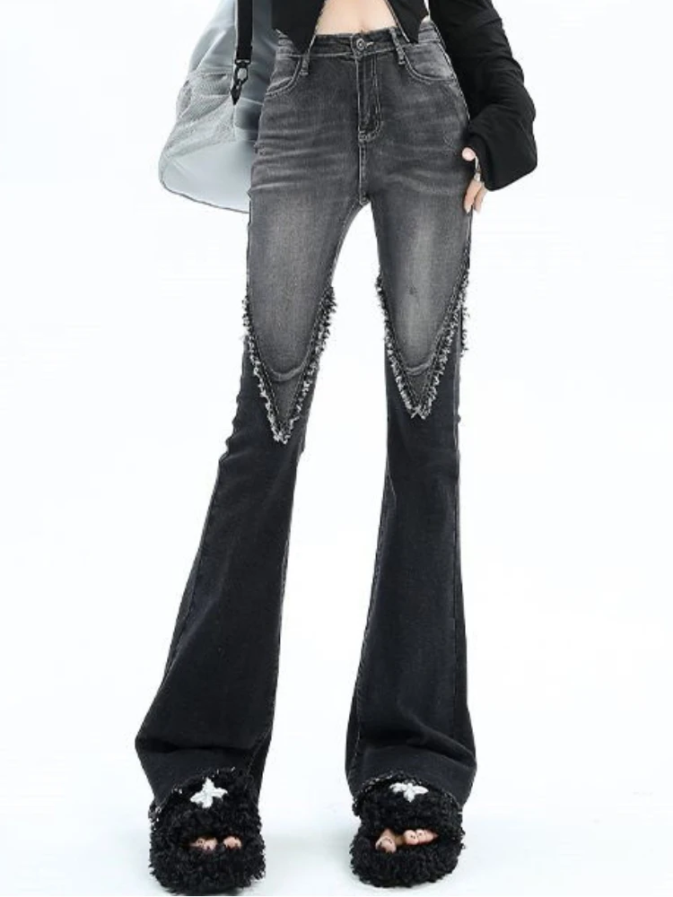 

Осенние черные винтажные модные джинсы, женская уличная одежда в стиле пэчворк, дизайнерские расклешенные брюки, женские карманы корейские повседневные штаны 2023 Новинка