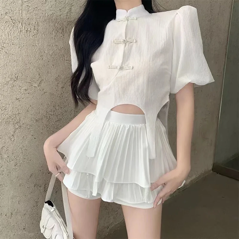 Y2K Black Two-piece Suits Women Fashion New Stand Collar Tassel Bubble Sleeve Shirts Double Pleated Mini Shorts Skirts Sets